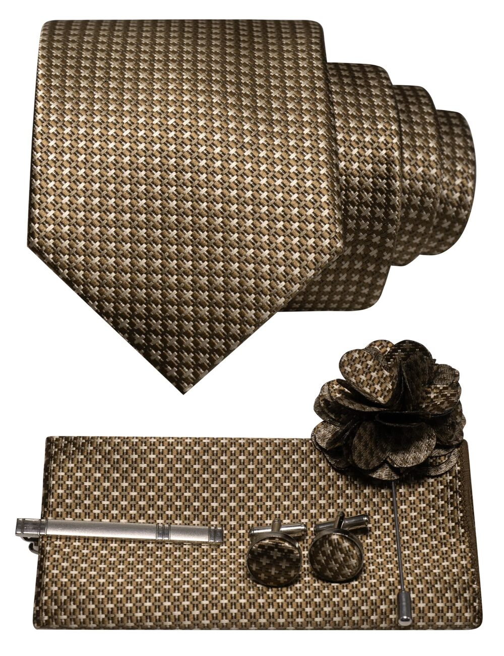 5298 Tan Tie and Lapel Pin Necktie Pocket Square and Tie Clip